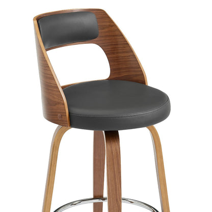 Benjara Swivel Bar Stool with Open Design Wooden Back, Gray