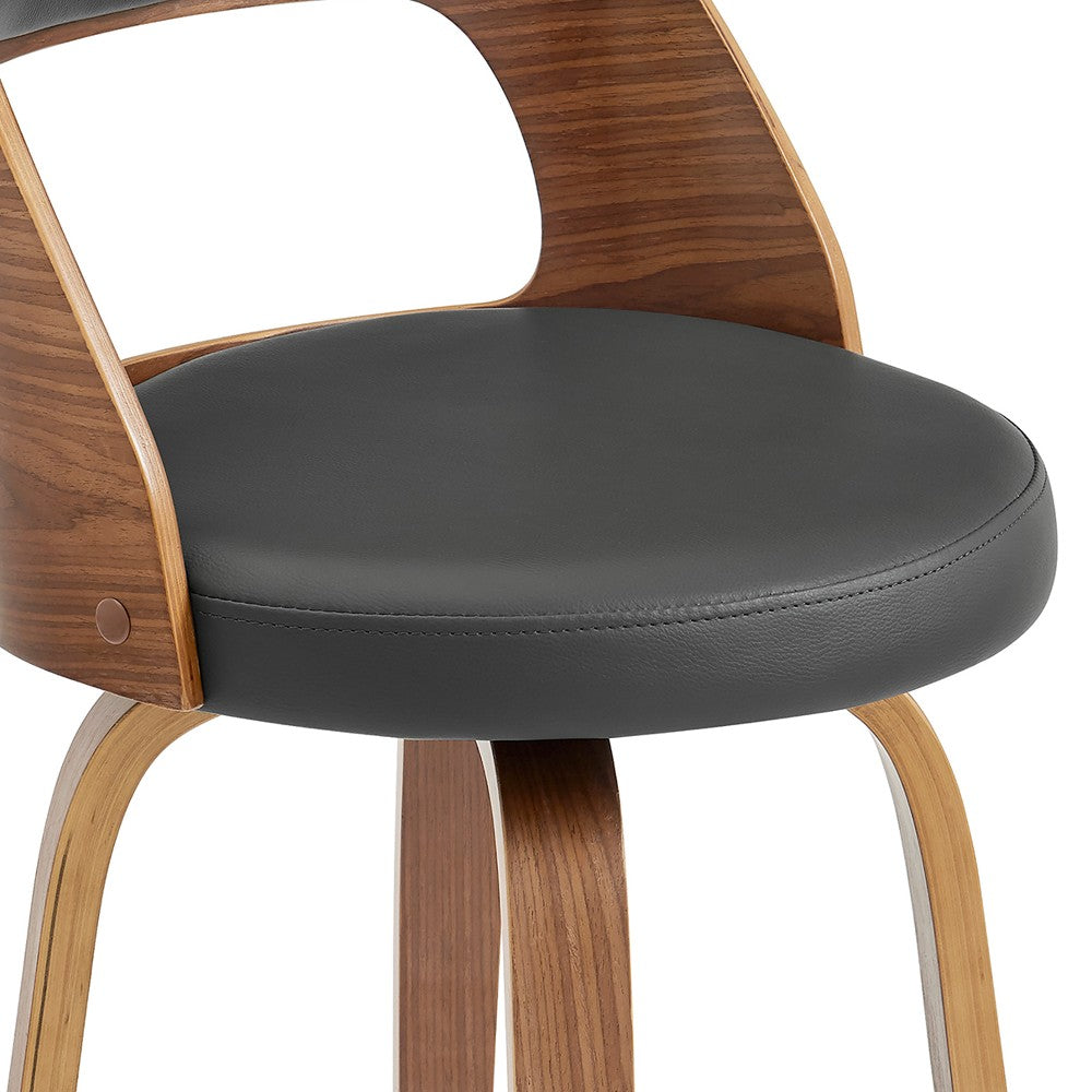 Benjara Swivel Bar Stool with Open Design Wooden Back, Gray