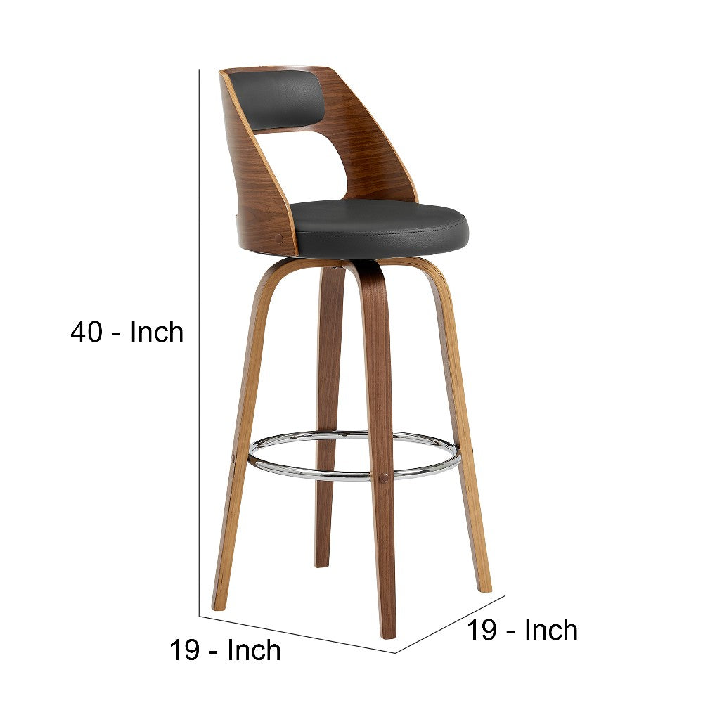 Benjara Swivel Bar Stool with Open Design Wooden Back, Gray
