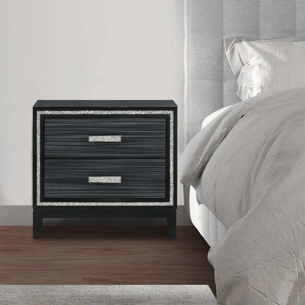 Benjara Nightstand with 2 Drawers And Shimmery Details, Black