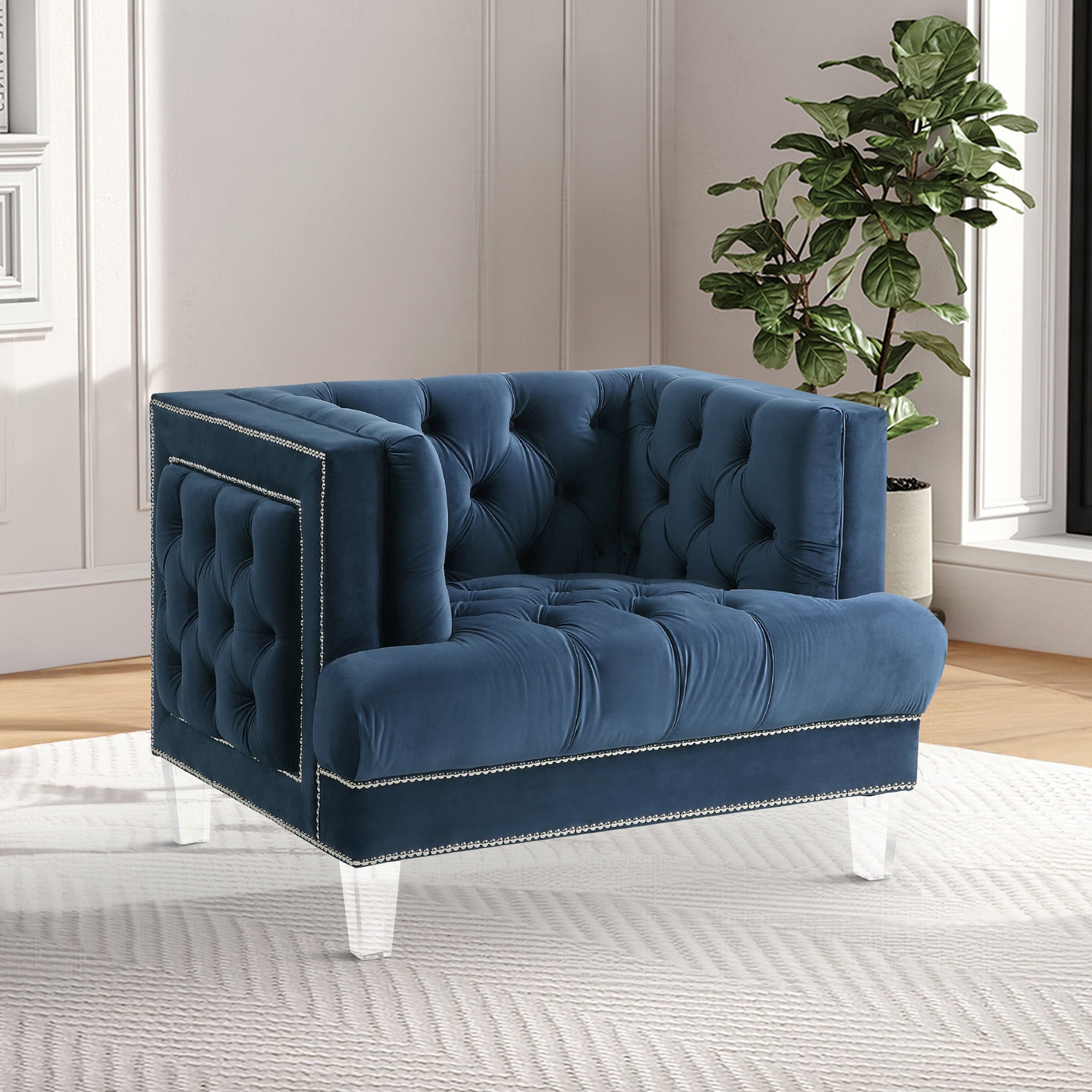 Benjara Velvet Upholstered Chair with Tufted Details And Acrylic Legs, Blue