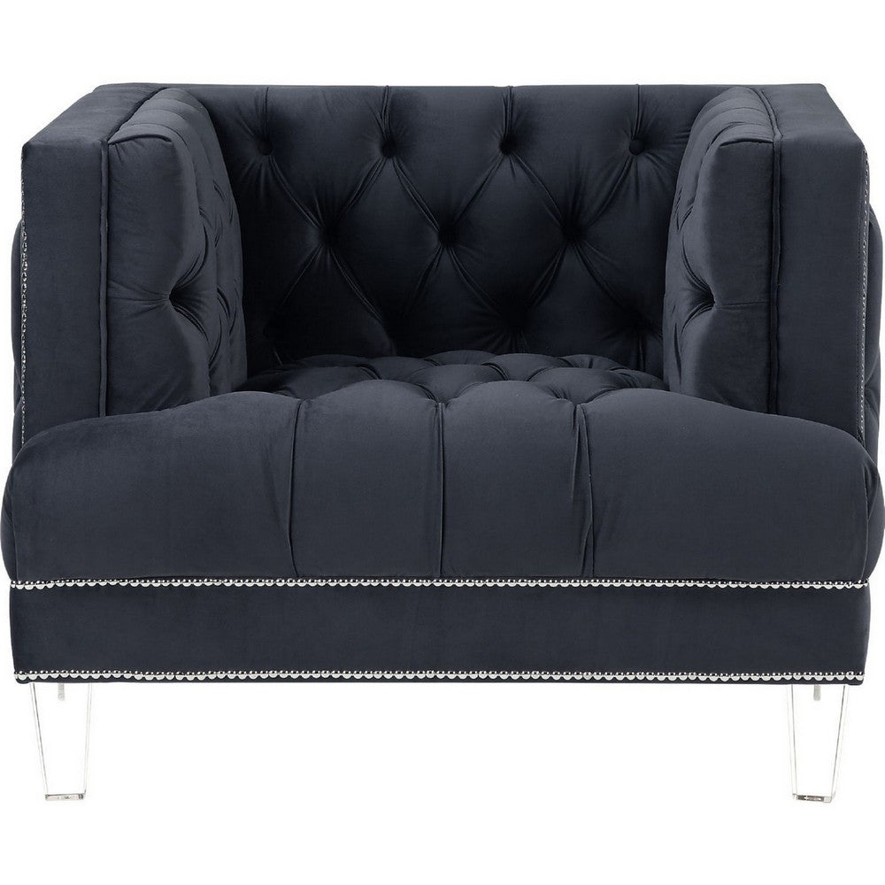 Benjara Velvet Upholstered Chair, with Tufted Details And Acrylic Legs, Black