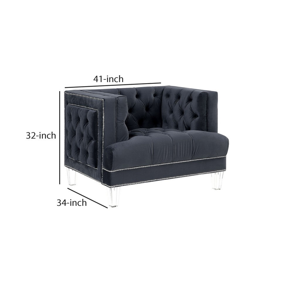 Benjara Velvet Upholstered Chair, with Tufted Details And Acrylic Legs, Black