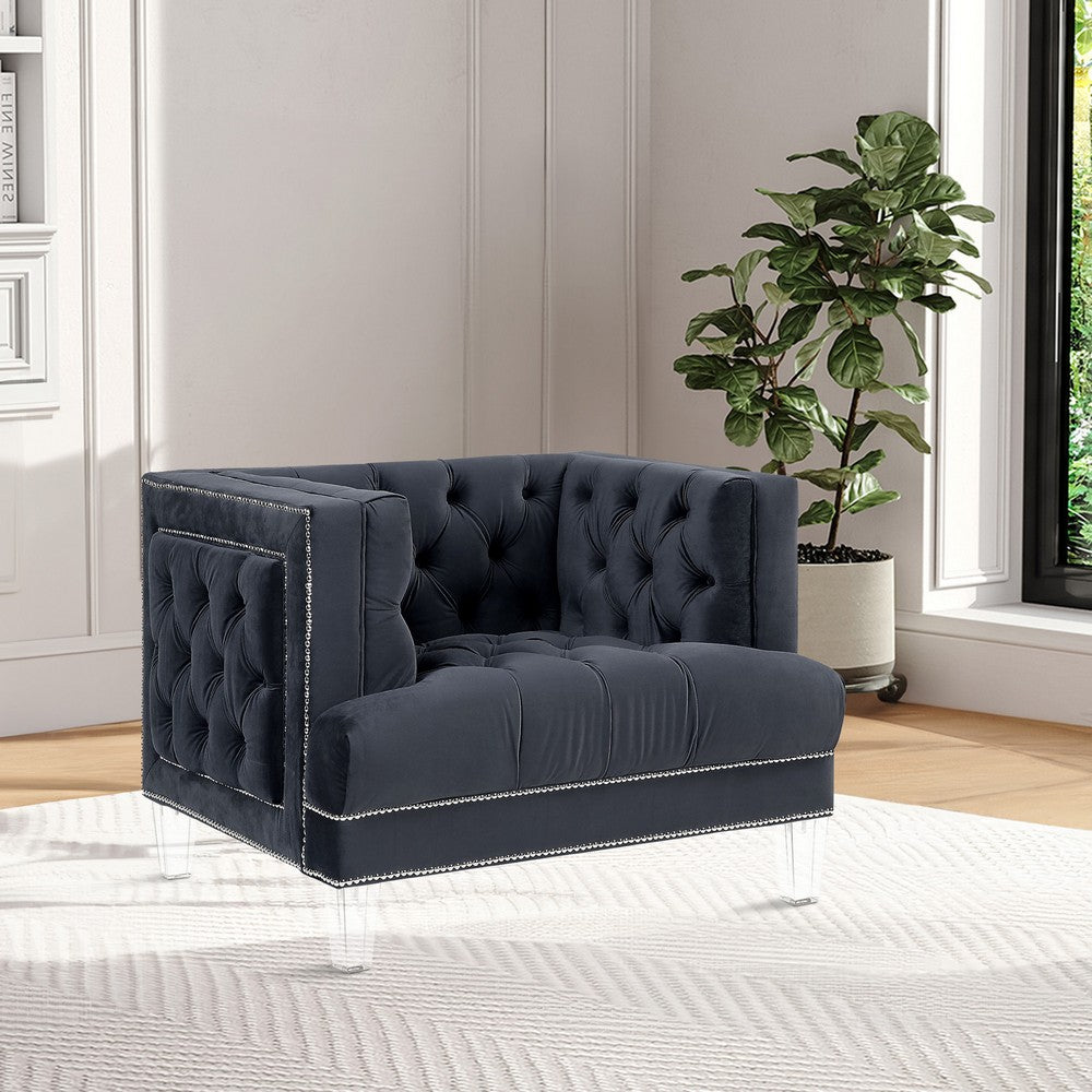 Benjara Velvet Upholstered Chair, with Tufted Details And Acrylic Legs, Black