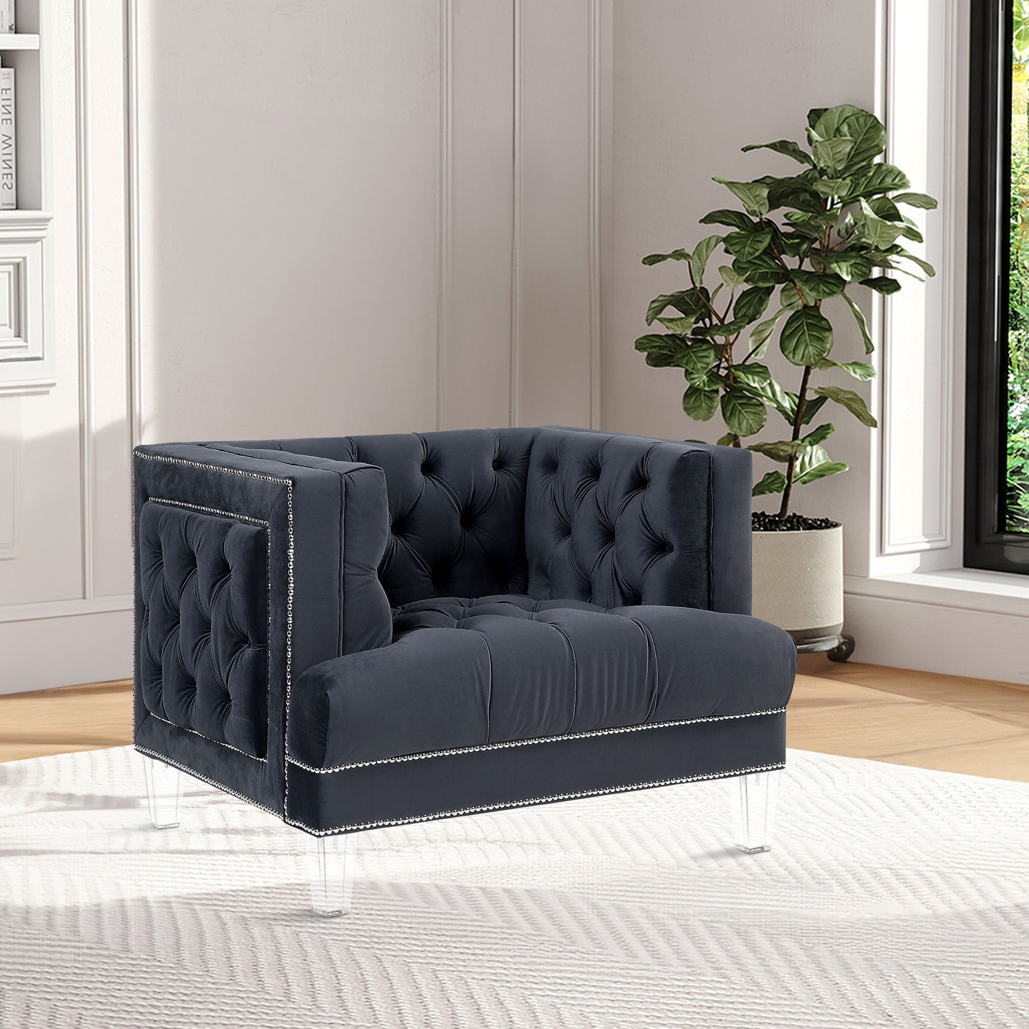 Benjara Velvet Upholstered Chair, with Tufted Details And Acrylic Legs, Black