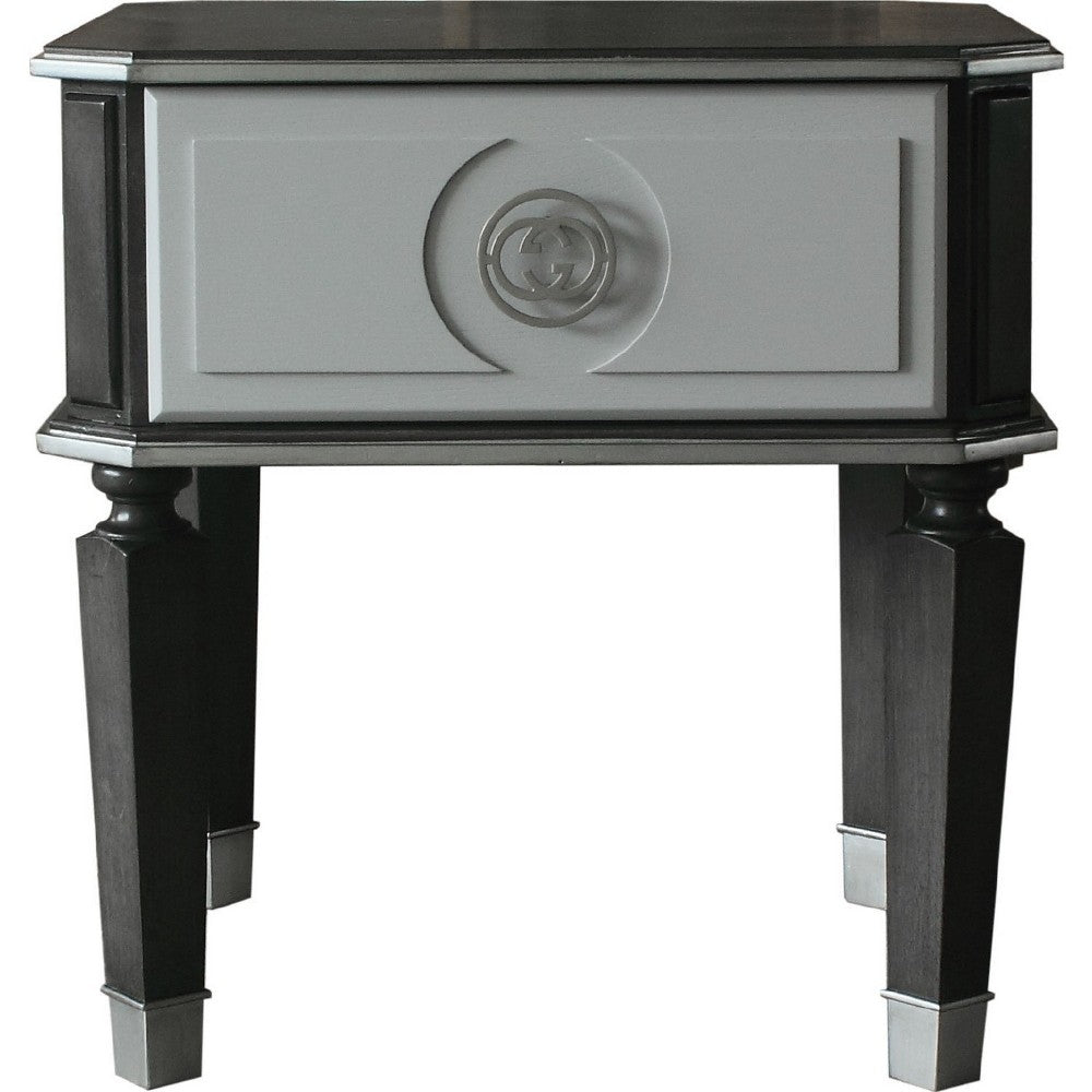 Benjara MDF End Table with 1 Drawer And Turned Tapered Legs, Gray And Silver