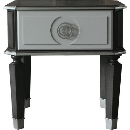 Benjara MDF End Table with 1 Drawer And Turned Tapered Legs, Gray And Silver