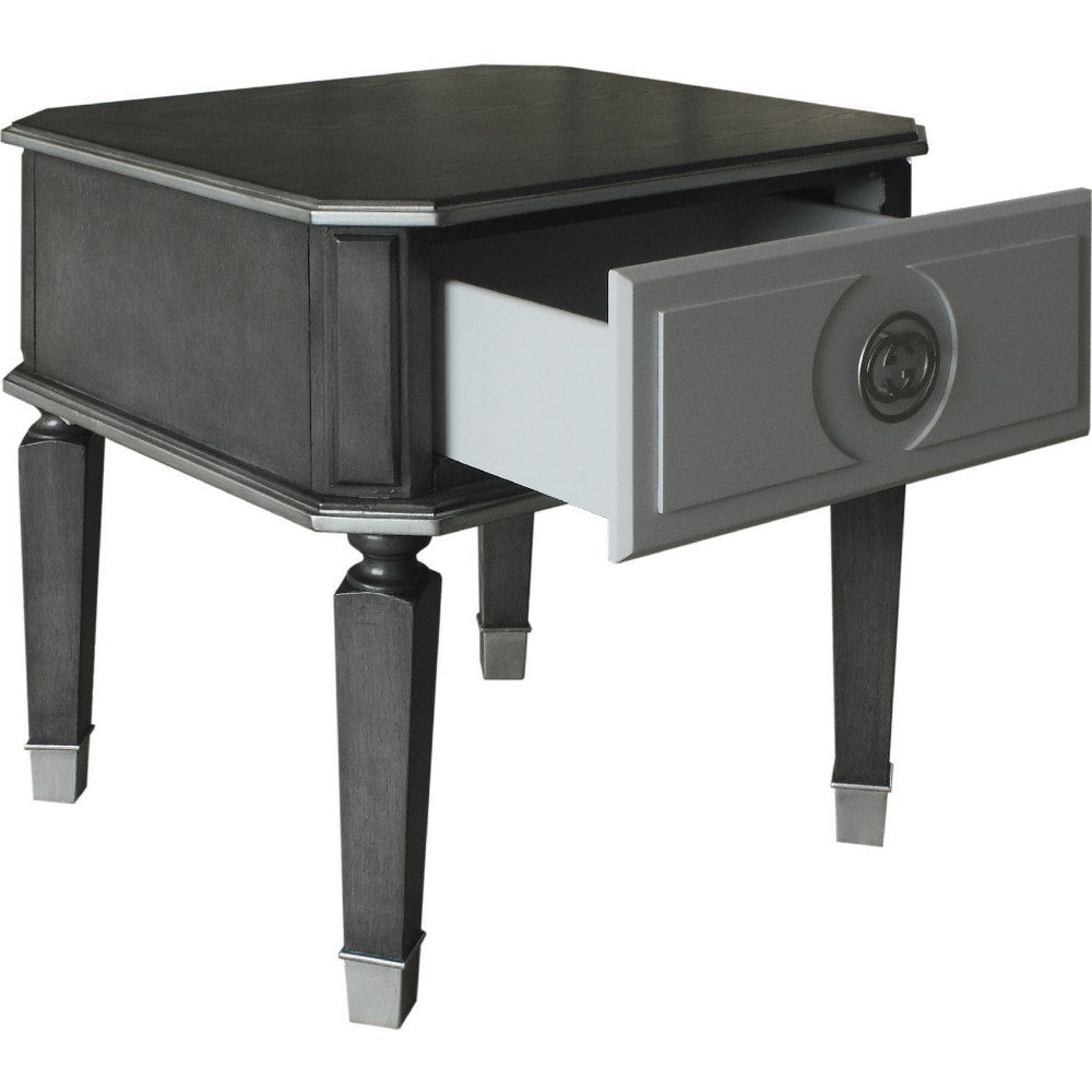 Benjara MDF End Table with 1 Drawer And Turned Tapered Legs, Gray And Silver