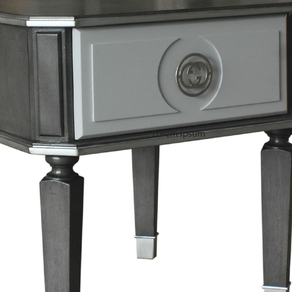 Benjara MDF End Table with 1 Drawer And Turned Tapered Legs, Gray And Silver
