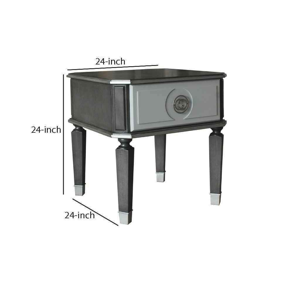 Benjara MDF End Table with 1 Drawer And Turned Tapered Legs, Gray And Silver