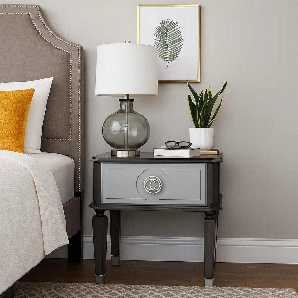 Benjara MDF End Table with 1 Drawer And Turned Tapered Legs, Gray And Silver