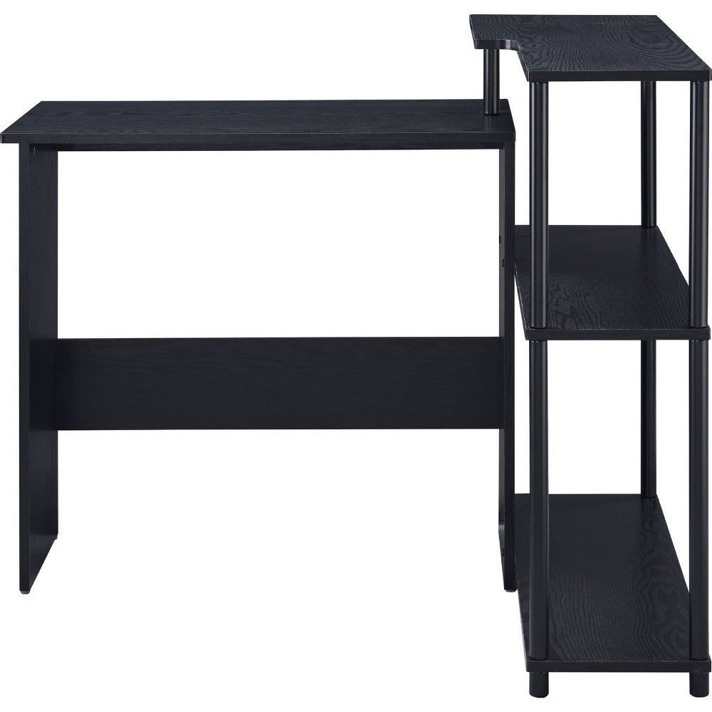 Benjara Writing Desk with L Shaped Design And 3 Tier Wooden Shelves, Black