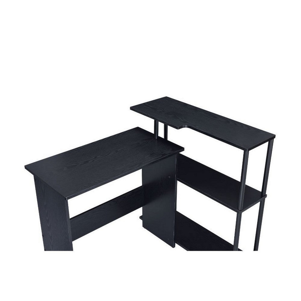 Benjara Writing Desk with L Shaped Design And 3 Tier Wooden Shelves, Black
