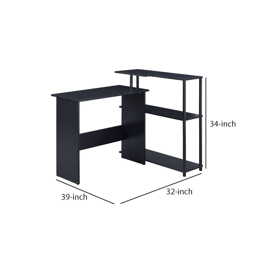 Benjara Writing Desk with L Shaped Design And 3 Tier Wooden Shelves, Black