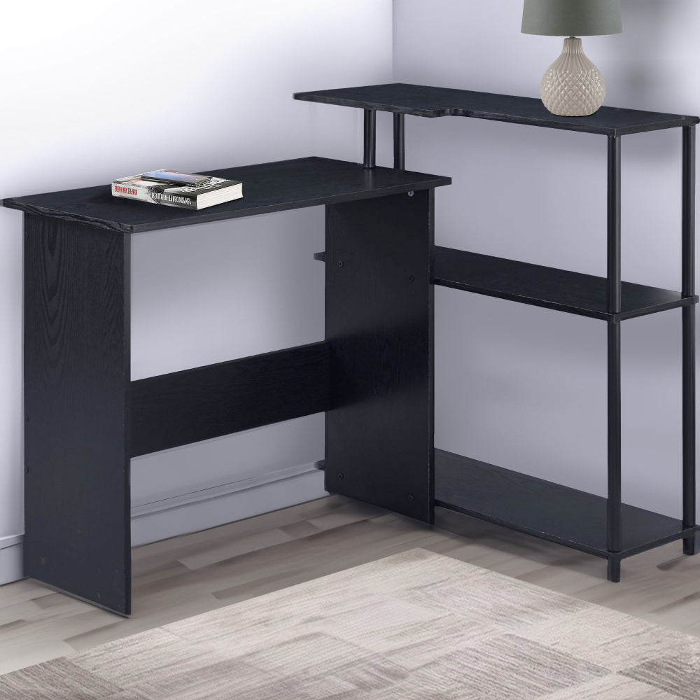 Benjara Writing Desk with L Shaped Design And 3 Tier Wooden Shelves, Black