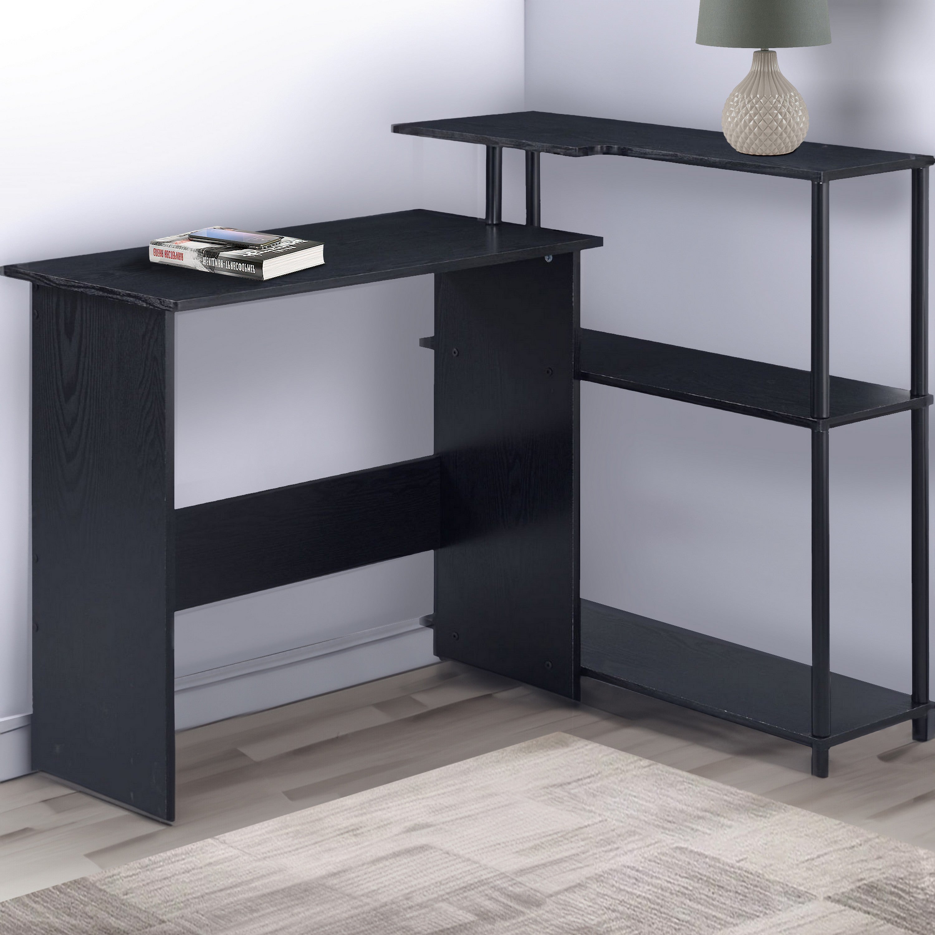 Benjara Writing Desk with L Shaped Design And 3 Tier Wooden Shelves, Black