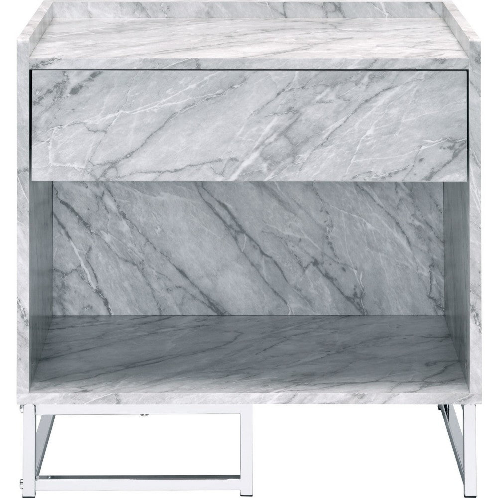 Benjara Faux Marble Accent Table with Chrome Finish, White