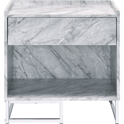 Benjara Faux Marble Accent Table with Chrome Finish, White