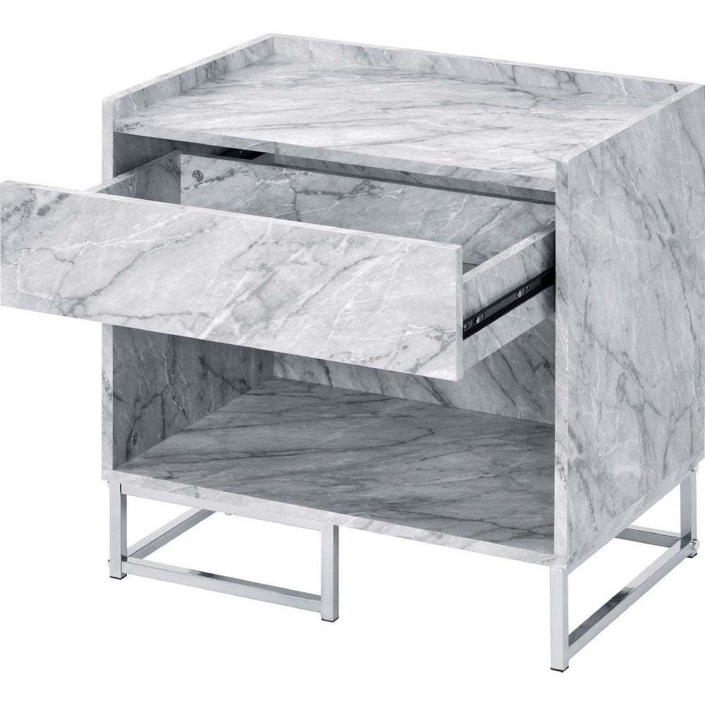 Benjara Faux Marble Accent Table with Chrome Finish, White