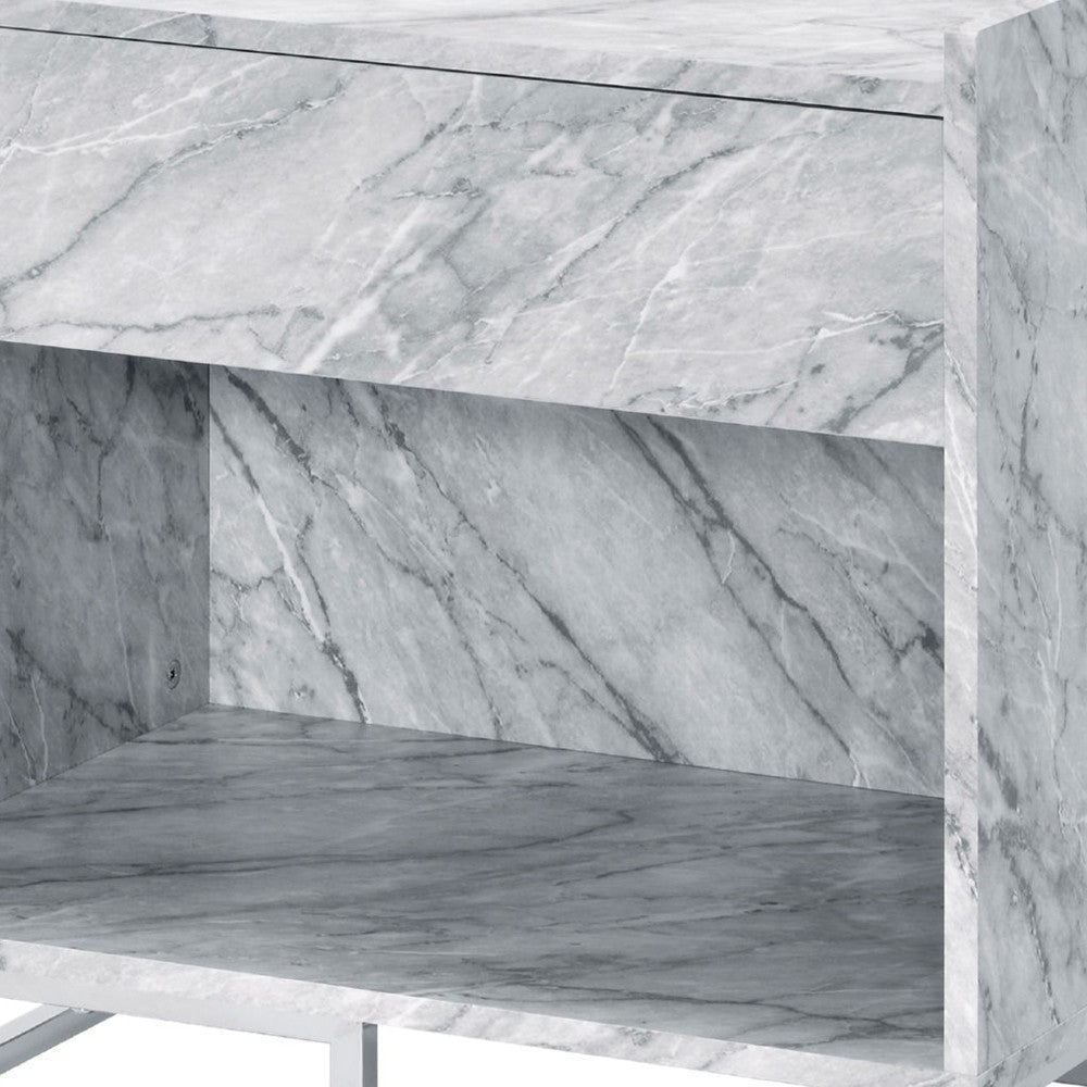 Benjara Faux Marble Accent Table with Chrome Finish, White