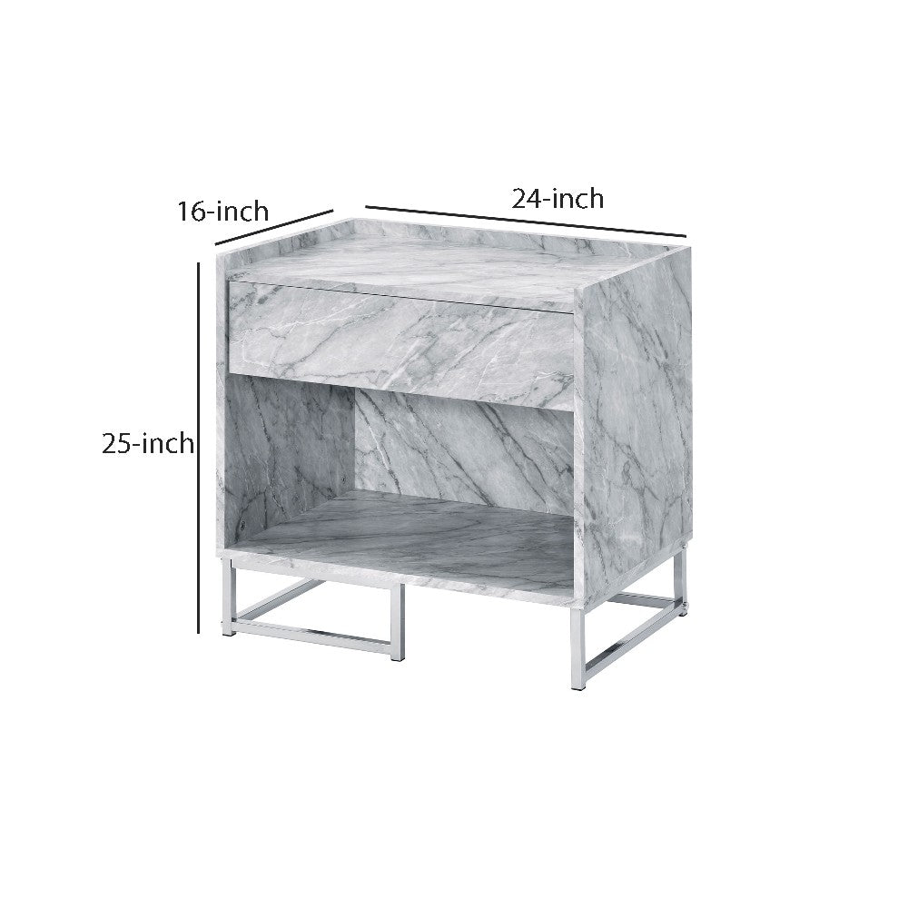 Benjara Faux Marble Accent Table with Chrome Finish, White