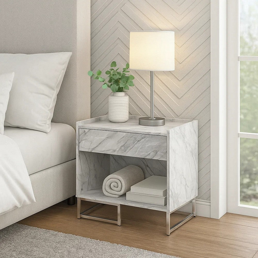 Benjara Faux Marble Accent Table with Chrome Finish, White