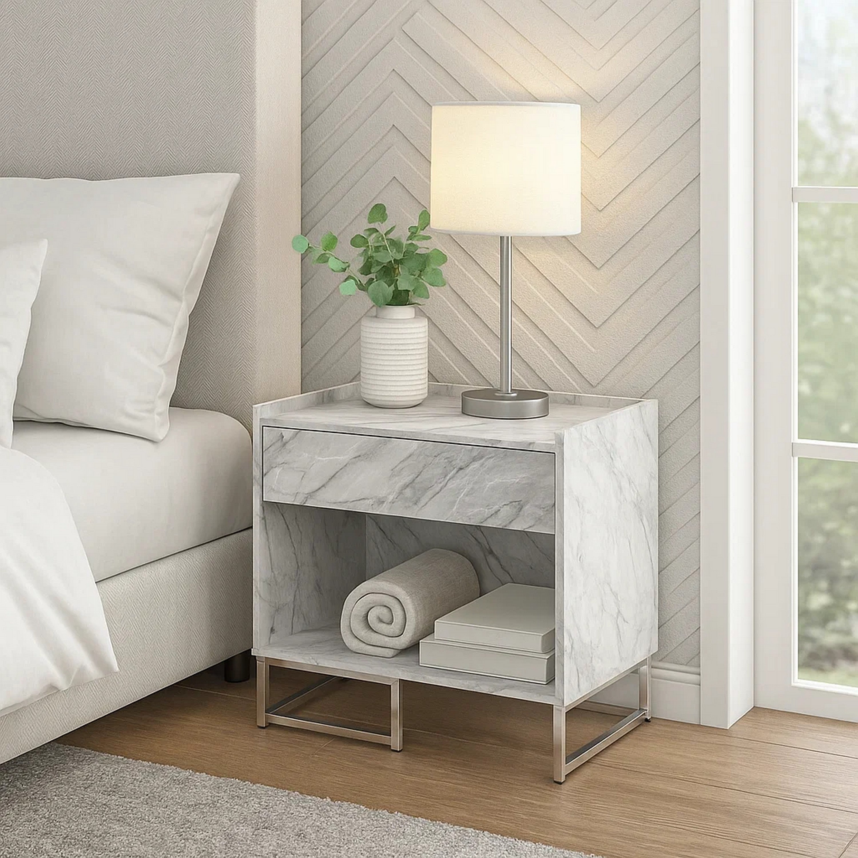 Benjara Faux Marble Accent Table with Chrome Finish, White