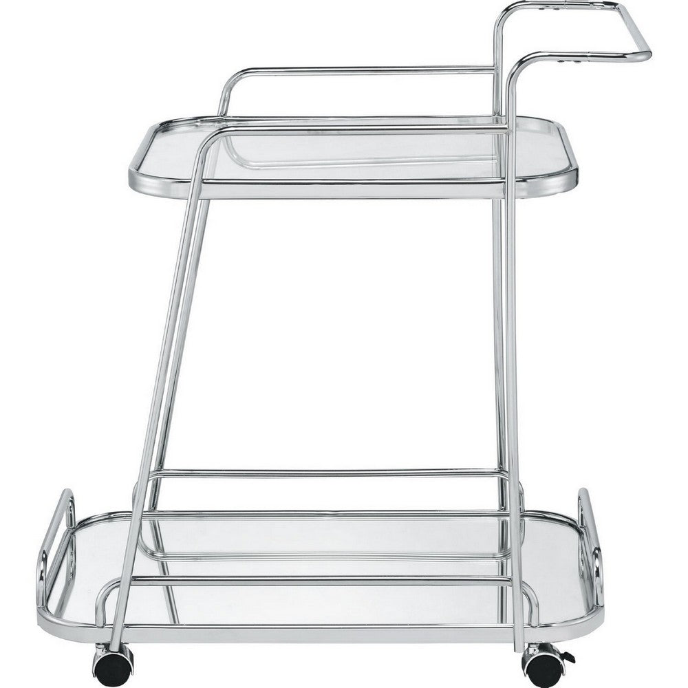 Benjara Clear Glass 2-Tier Serving Cart With Chrome Finish