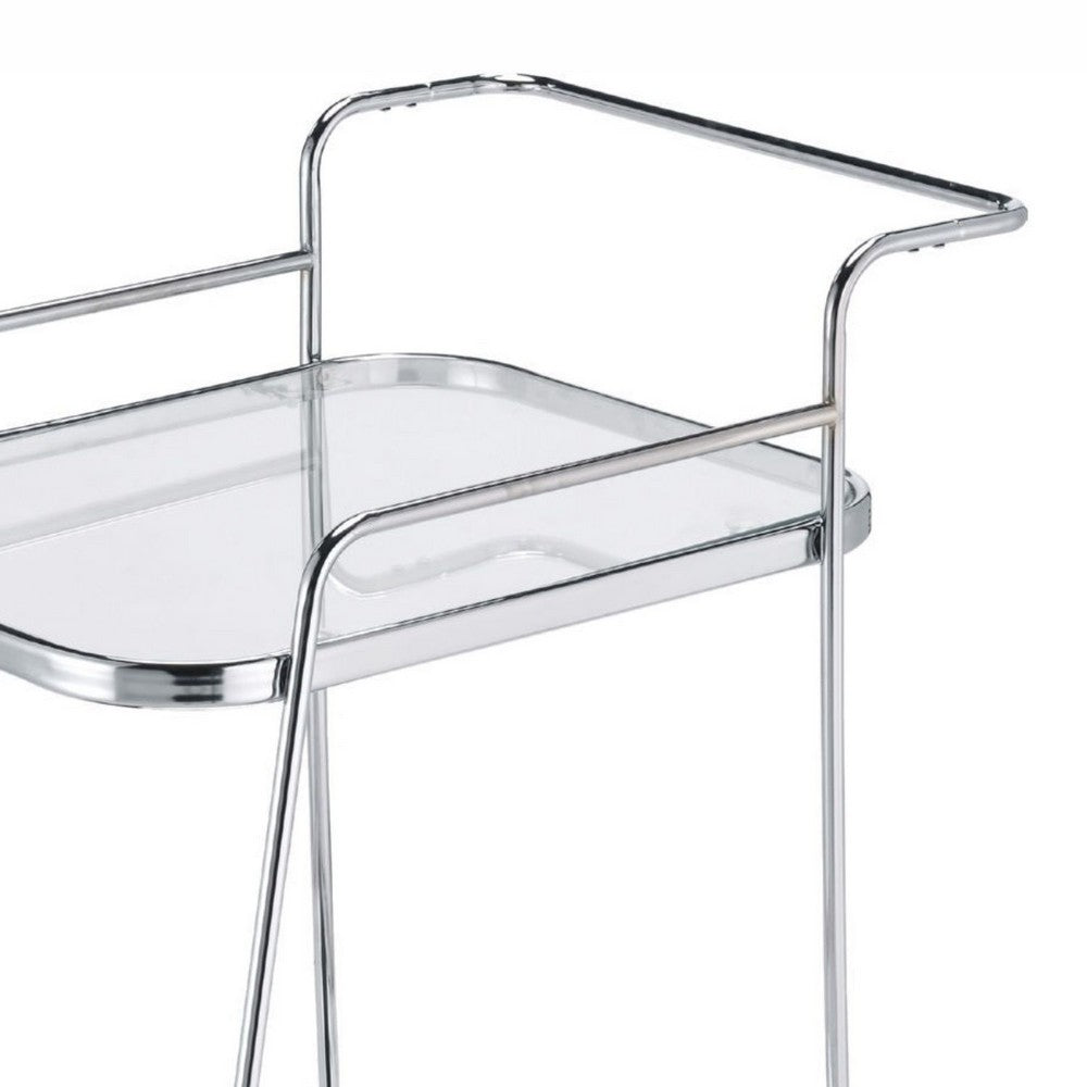 Benjara Clear Glass 2-Tier Serving Cart With Chrome Finish