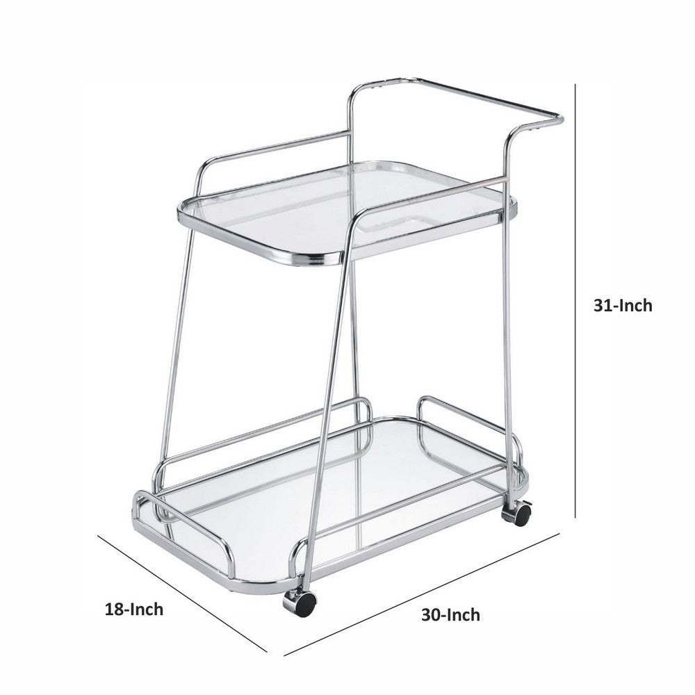 Benjara Clear Glass 2-Tier Serving Cart With Chrome Finish