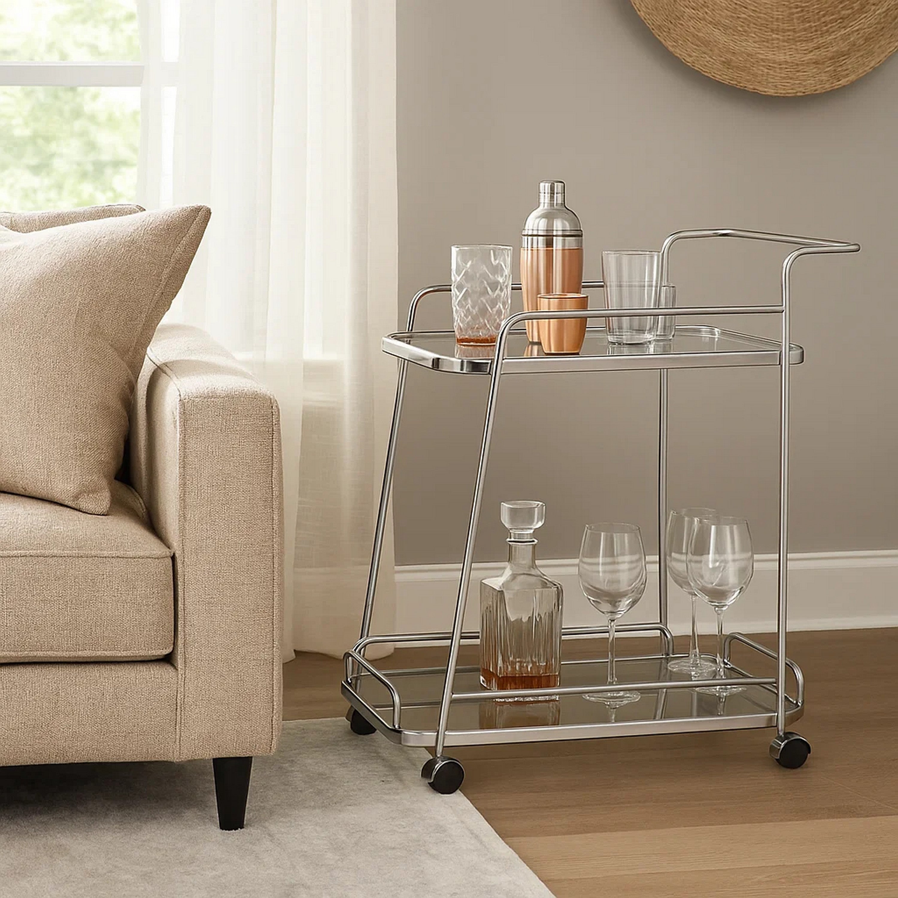 Benjara Clear Glass 2-Tier Serving Cart With Chrome Finish