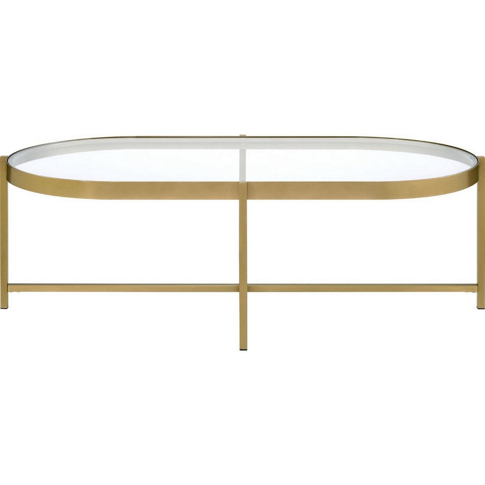 Benjara Coffee Table with Oblong Glass Top And Metal Frame, Gold