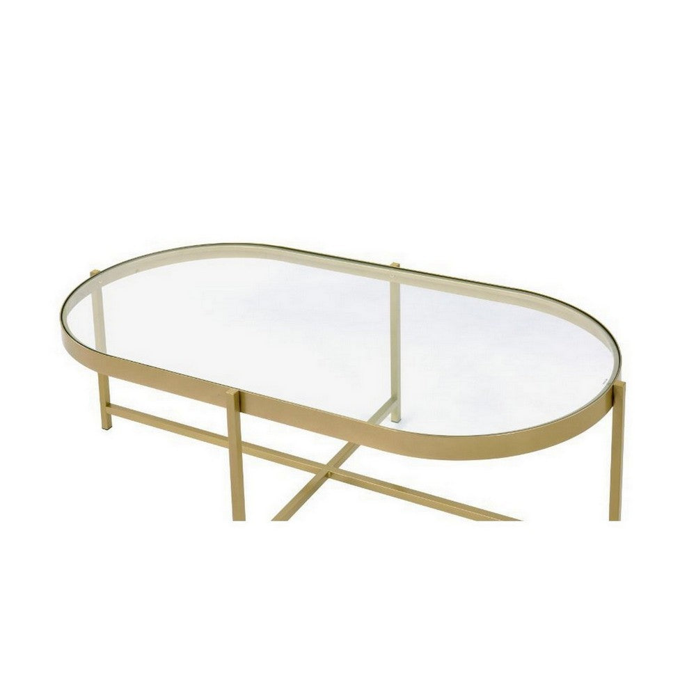 Benjara Coffee Table with Oblong Glass Top And Metal Frame, Gold