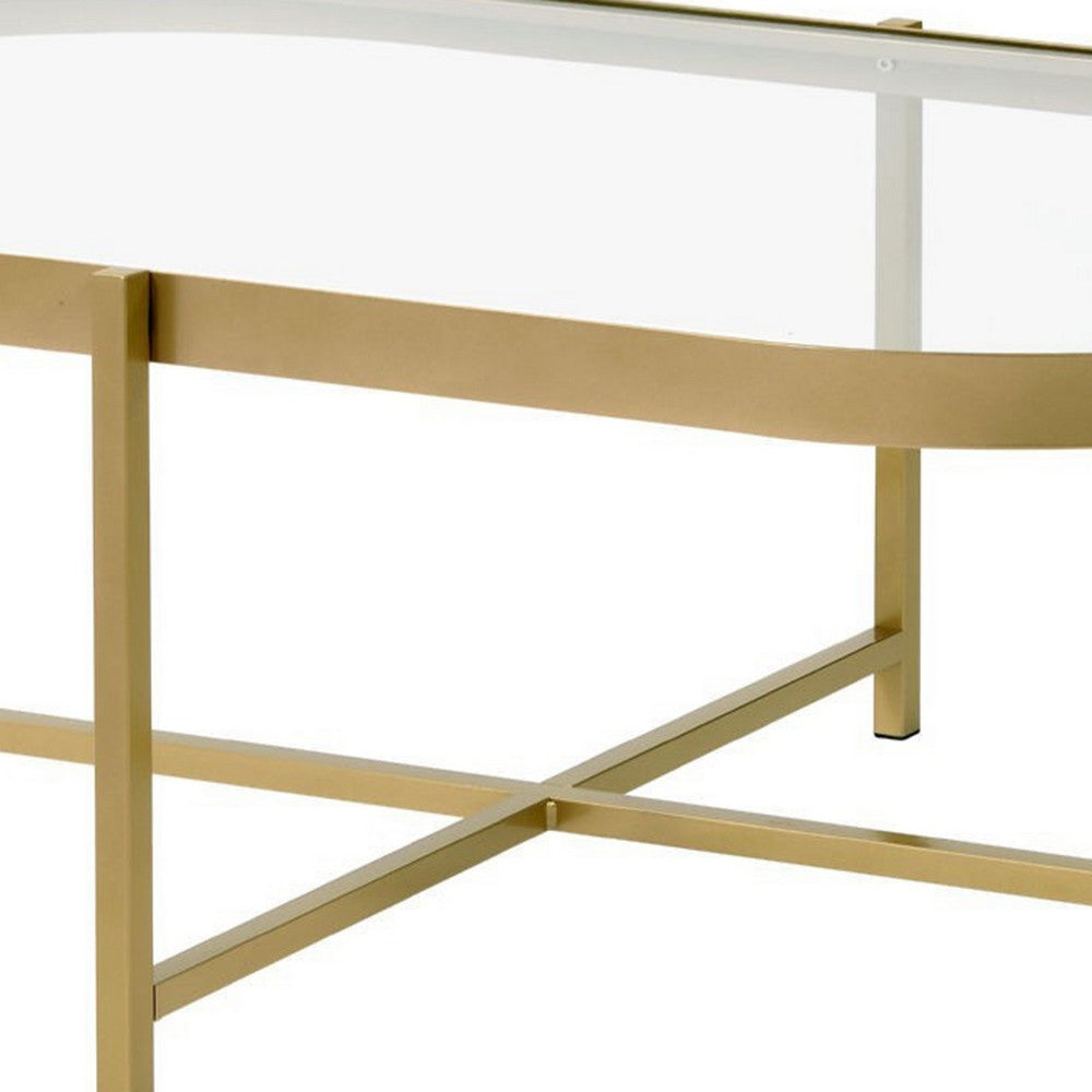 Benjara Coffee Table with Oblong Glass Top And Metal Frame, Gold
