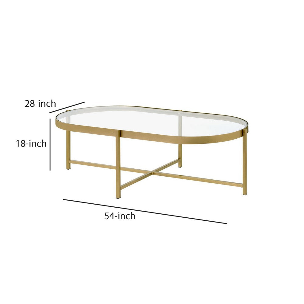 Benjara Coffee Table with Oblong Glass Top And Metal Frame, Gold