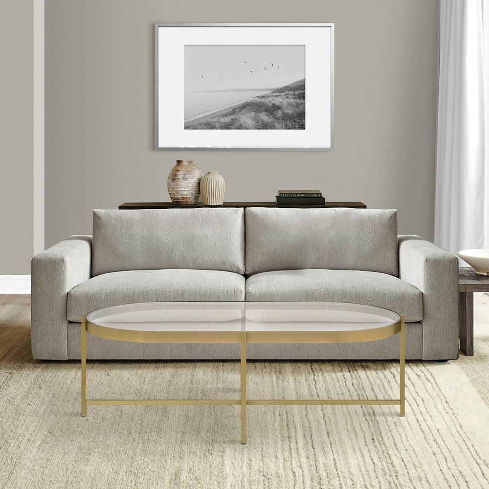 Benjara Coffee Table with Oblong Glass Top And Metal Frame, Gold