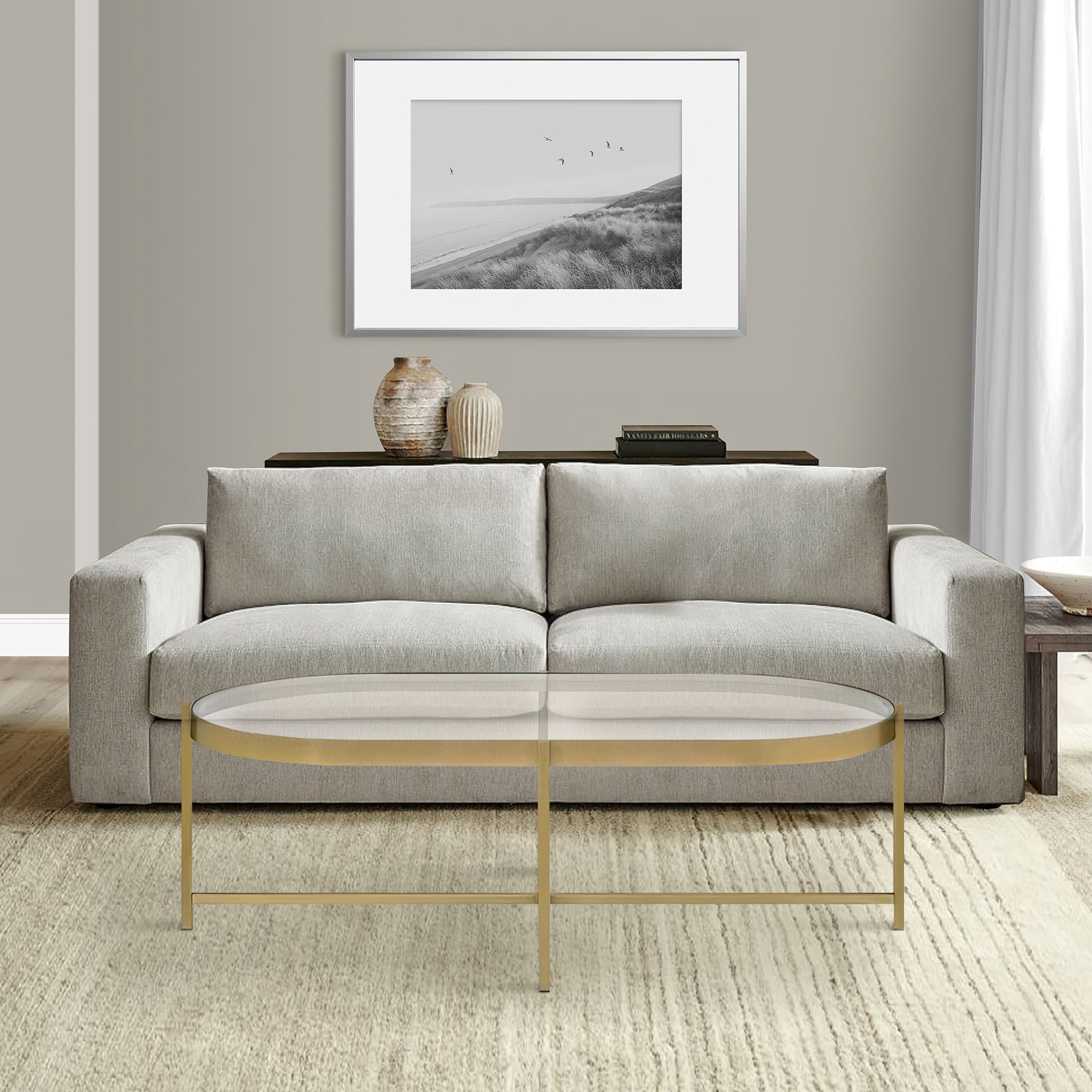 Benjara Coffee Table with Oblong Glass Top And Metal Frame, Gold