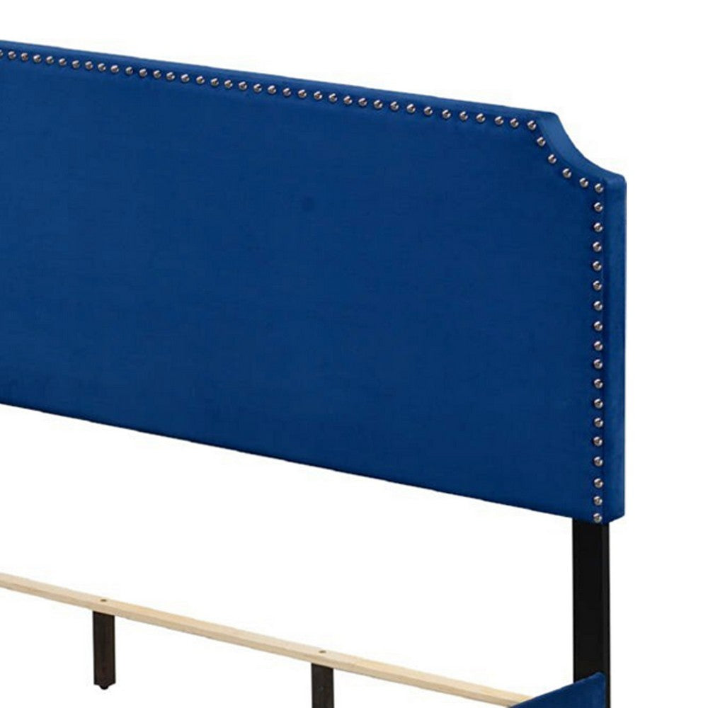 Benjara Queen Bed with Platform Style And Nailhead Trim, Blue