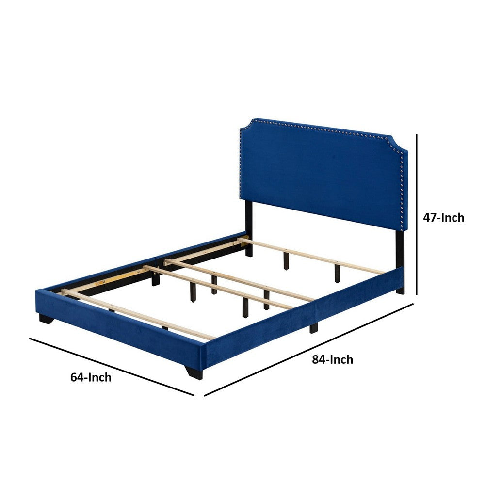 Benjara Queen Bed with Platform Style And Nailhead Trim, Blue