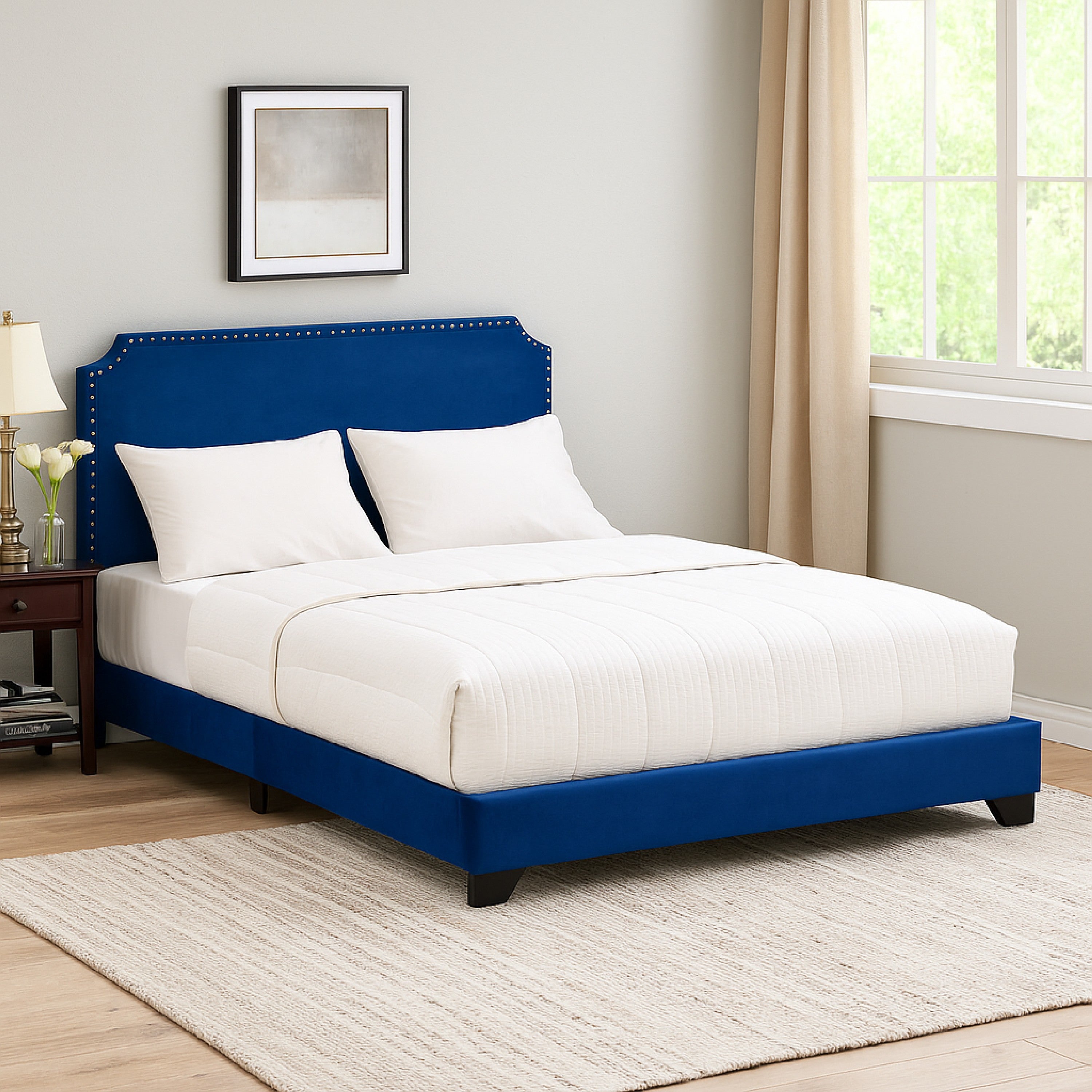 Benjara Queen Bed with Platform Style And Nailhead Trim, Blue