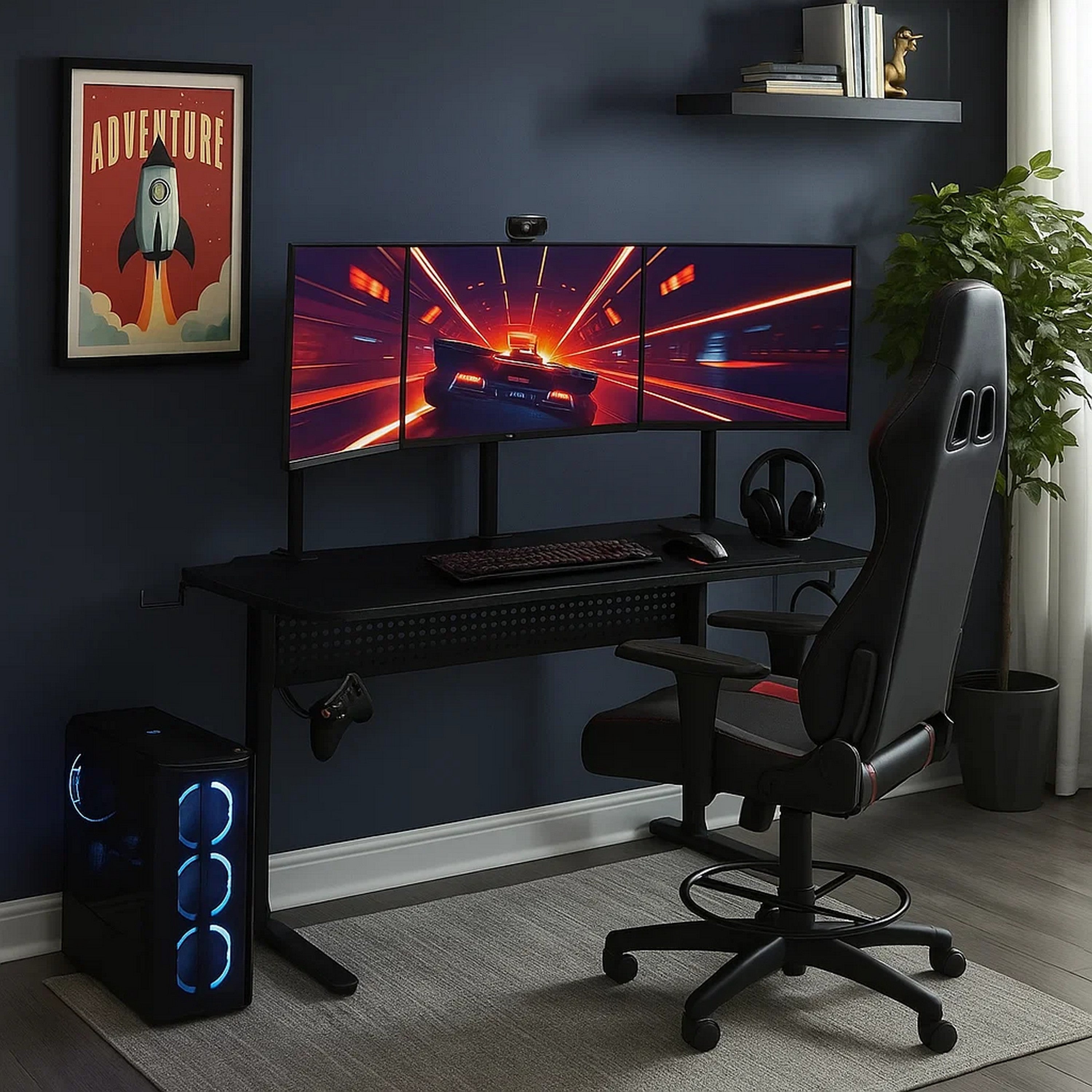 Benjara Gaming Table with USB-Port, Black