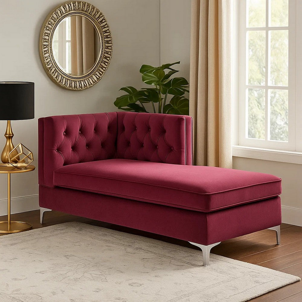Benjara Chaise with Velvet Upholstery And Metal Legs, Red