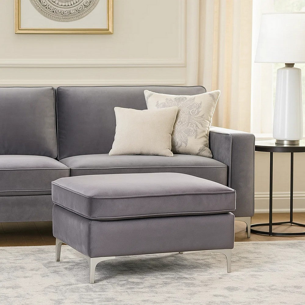 Benjara Ottoman with Velvet Upholstery And Metal Legs, Gray