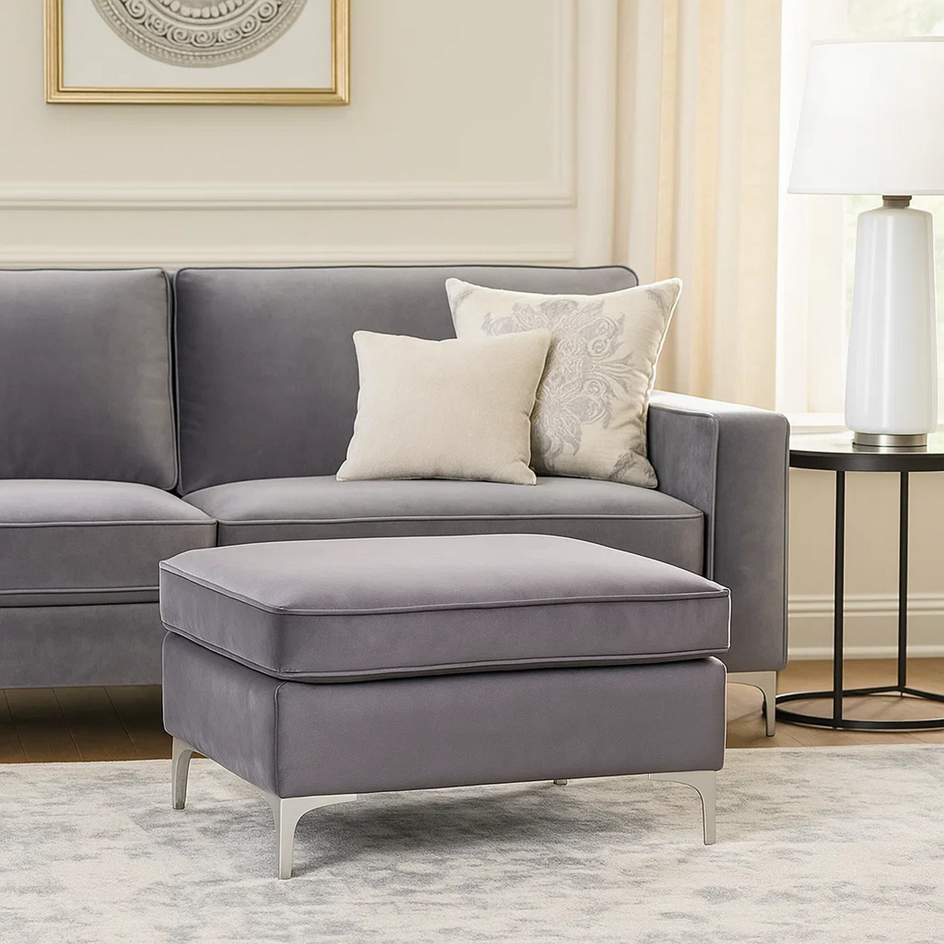 Benjara Ottoman with Velvet Upholstery And Metal Legs, Gray