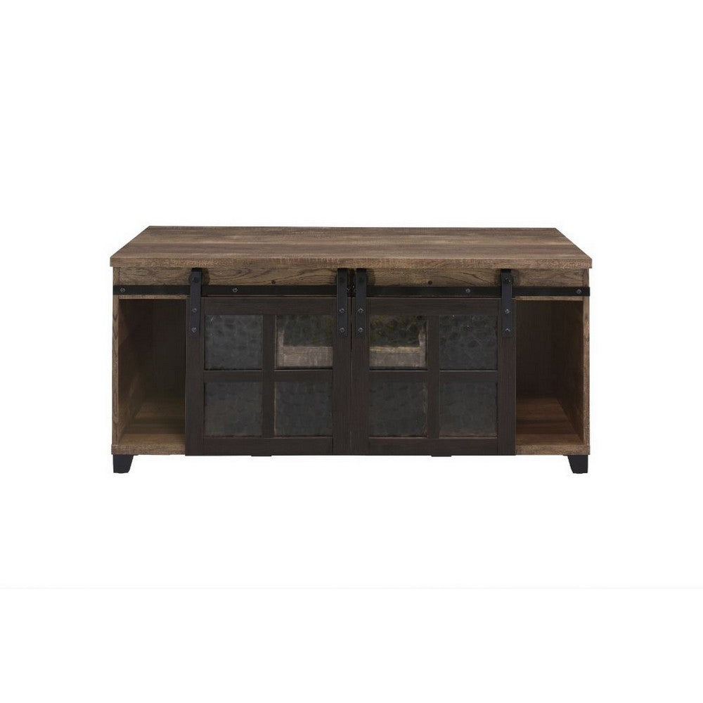 Benjara Coffee Table with 2 Barn Sliding Glass Doors And Pull Out Tray, Brown