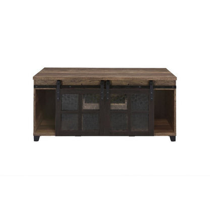 Benjara Coffee Table with 2 Barn Sliding Glass Doors And Pull Out Tray, Brown