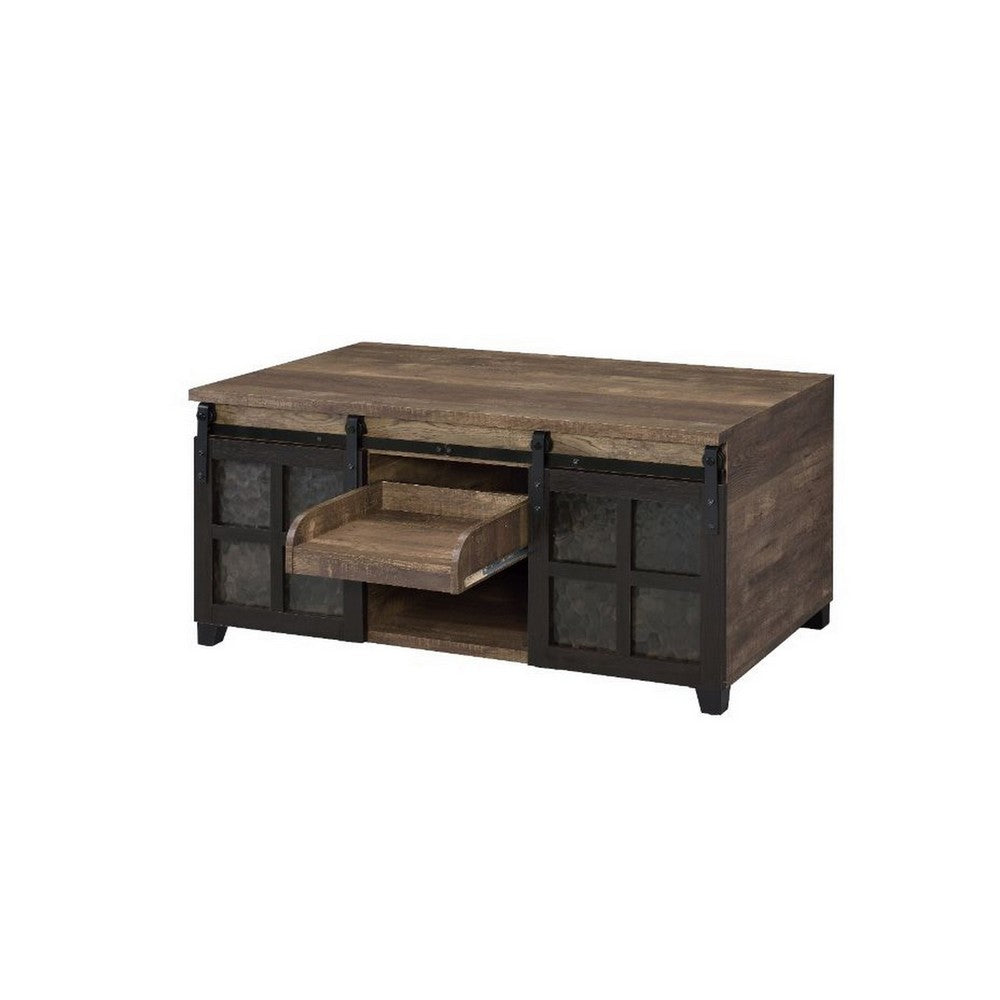 Benjara Coffee Table with 2 Barn Sliding Glass Doors And Pull Out Tray, Brown
