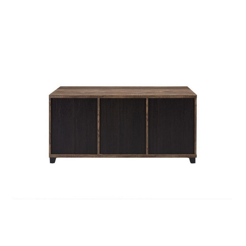 Benjara Coffee Table with 2 Barn Sliding Glass Doors And Pull Out Tray, Brown