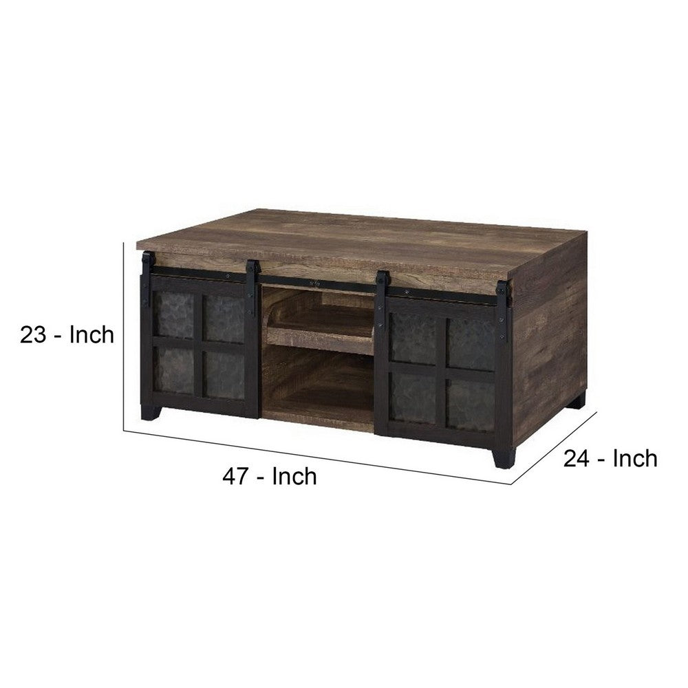 Benjara Coffee Table with 2 Barn Sliding Glass Doors And Pull Out Tray, Brown