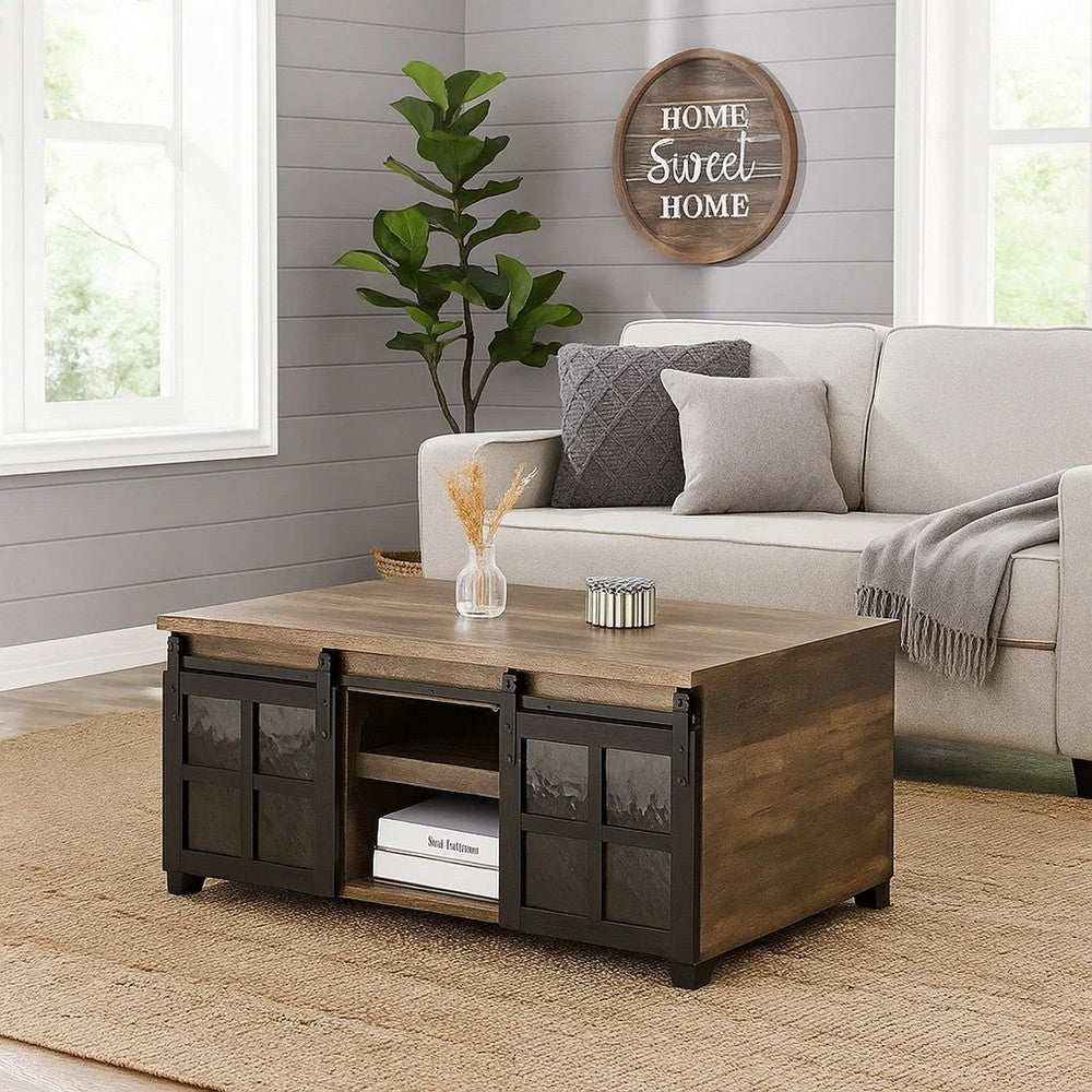Benjara Coffee Table with 2 Barn Sliding Glass Doors And Pull Out Tray, Brown
